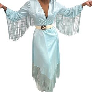 Light Blue Fringe Maxi Dress with Belt